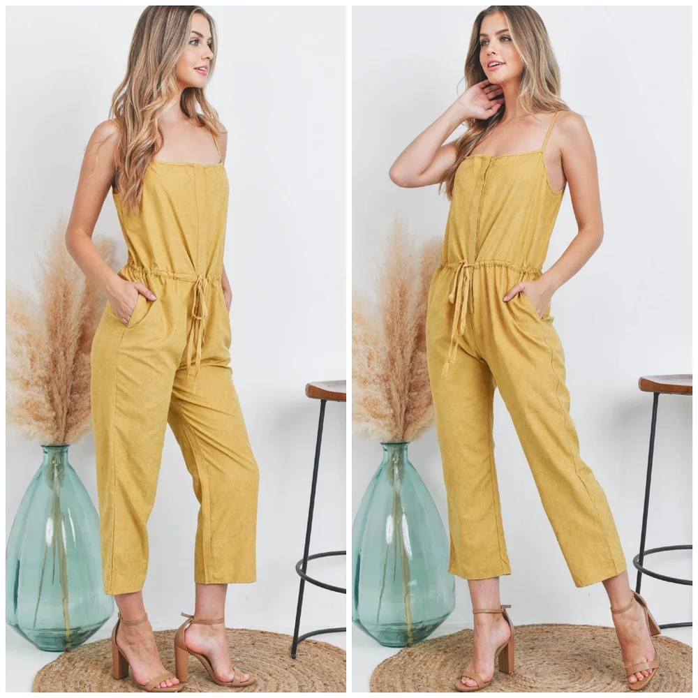 BLUE BLUSH Chic Mustard Woven Sueded Spaghetti Straps Jumpsuit - Picture 5 of 6